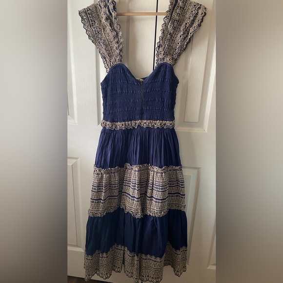 Sea New York Marley Navy Organic Cotton Pleated Tiered Eyelet Lace Midi Dress M - Picture 3 of 11